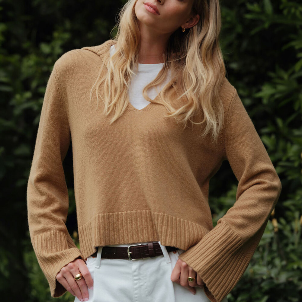 Jenni Kayne NWT Cashmere Frances Polo Sweater Camel Size XL 100% Cashmere